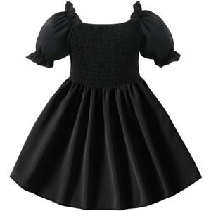 Neutocd Toddler Baby Girl Dress Ruffle Short Sleeve Elastic Solid Square Neck Flared Plain Casual Summer Dresses for Girls (3-4T, #0 Black)