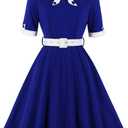1950s Dresses for Women Vintage Rockabilly Retro Short Sleeve Tie Midi Dress Cocktail Party Evening Prom Gown (Small, Royal Blue+white)