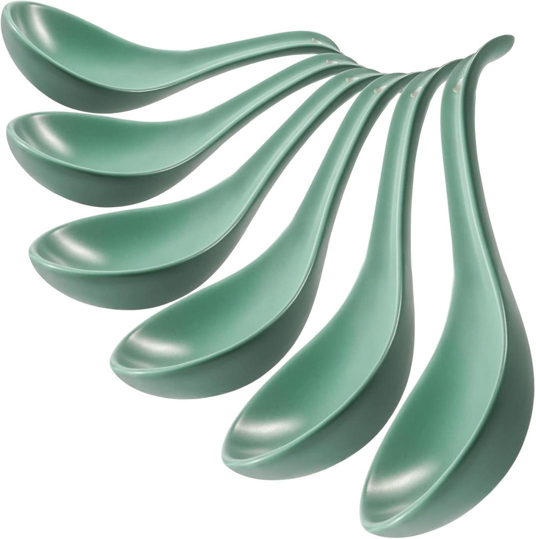 Teal Ceramic Soup Spoons Set of 6, 6.75 inch Ramen & Pho Spoons for Noodles, Stews, Wonton & Dumpling, Dishwasher Safe