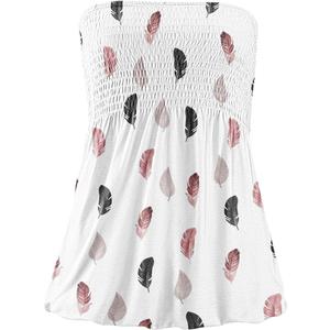 NILOINE Women Pleated Ruffled Backless Tube Tops Sleeveless Smocked Bandeau Tank Summer Floral Print Strapless Shirts (S, White Feather)