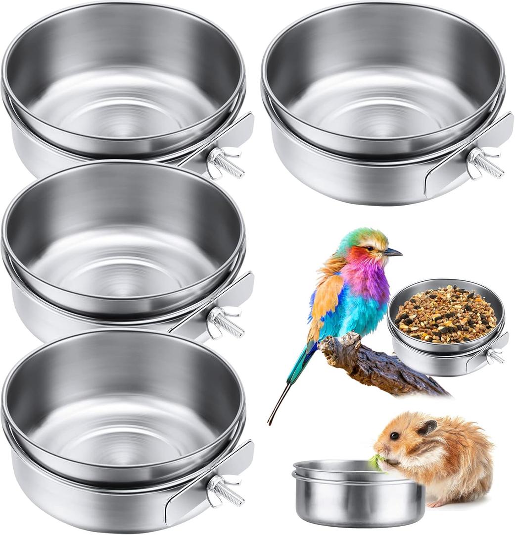 Aoriher 4 Pack Large Bird Feeding Dish Cups 30 oz Stainless Steel Parrot Feeders Food Water Cage Bowls with Clamp Holder for Cockatiel Conure Budgies Parakeet Macaw Small Dog Cat Animal