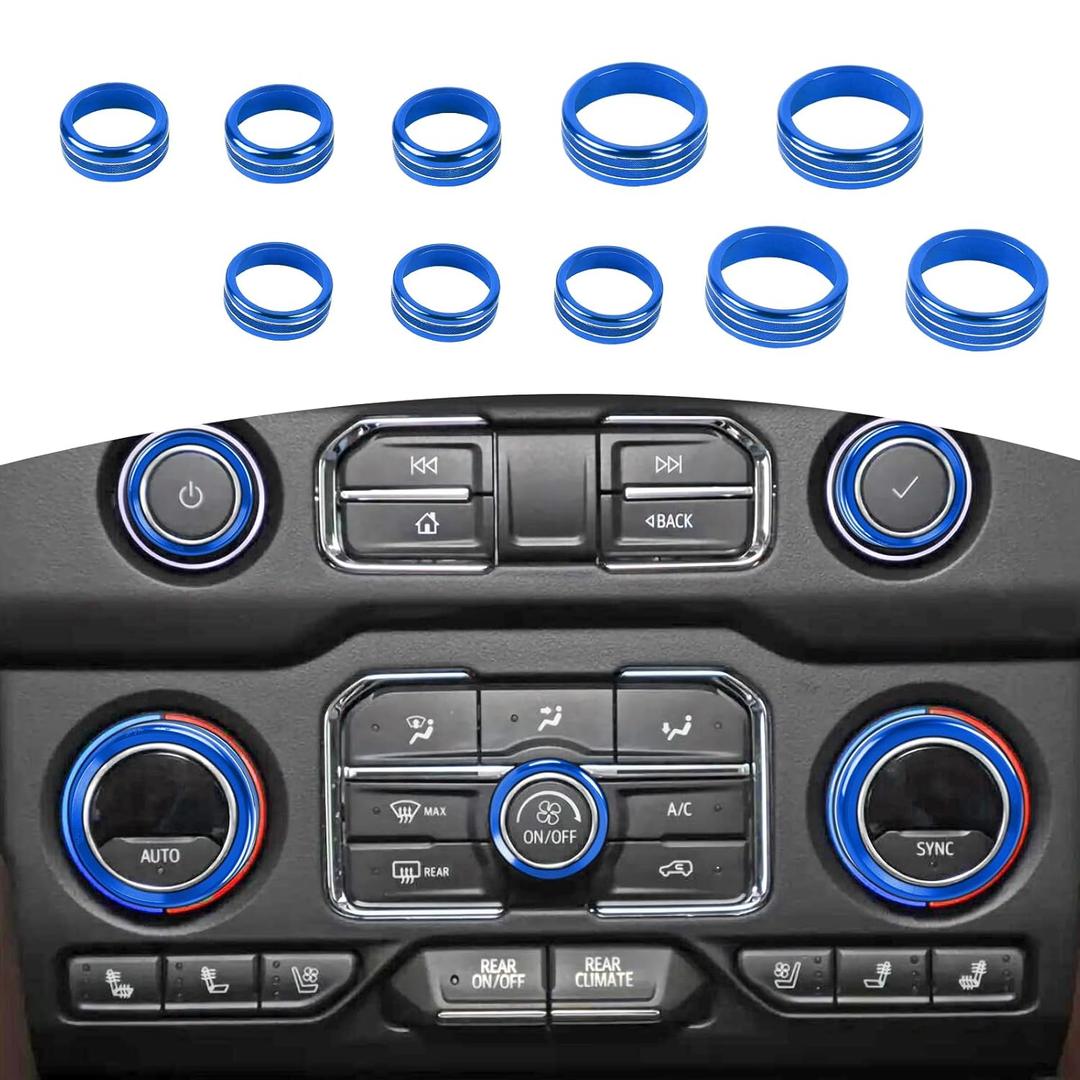 RT-TCZ for Silverado Console Control Knob Covers Trim Rings for Chevy Silverado 2019 up for Suburban 2020 up for Tahoe 2021 up Blue Interior Accessories, 10Pcs