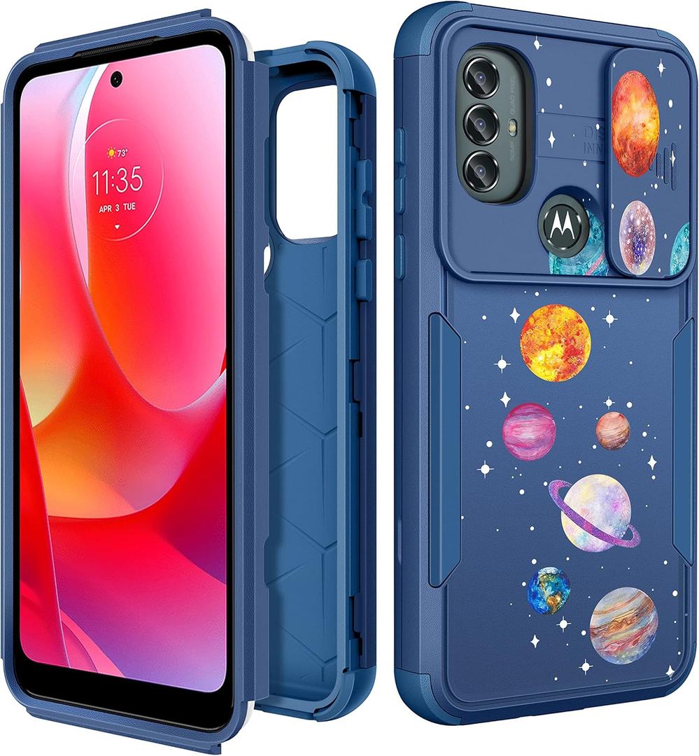 for Motorola Moto G Pure/G Power 2022 /G Play 2023 Case with Camera Cover for Women Men Girls,Heavy Duty Galaxy Planets Military Grade Protctive Shockproof Phone Cases with Sliding Protector