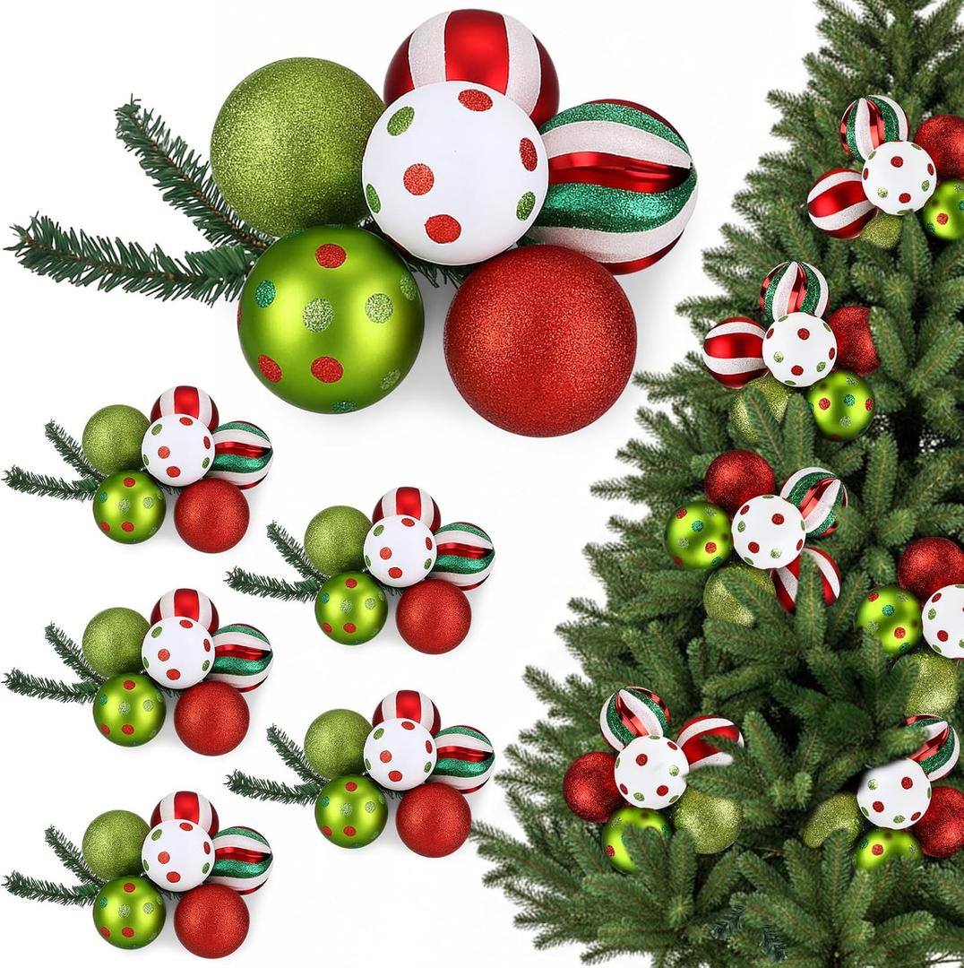 6 Set Christmas Ball Ornament Cluster with Ties 36 Pcs Red White and Lime Green Plastic Shatterproof Xmas Ball Ornaments for Christmas Tree Wreath Garland Stairs Decor (Red, Green and White)