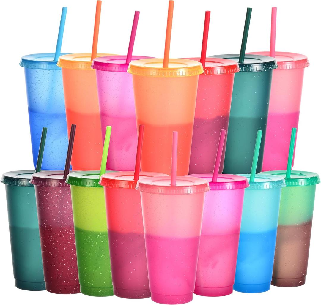 Suertestarry Color Changing Cups, Bulk Tumblers with Lids and Straws, 15 Pack of Reusable Plastic Cups, Kids & Adult Friendly, 24oz Smoothie Travel Cup (Rainbow, 15 Packs)