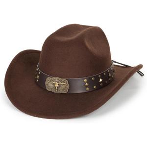 Western Cowboy Hat for Men Women Classic Roll Up Fedora Hat with Buckle Belt(Size:S-M) (Brown, M)