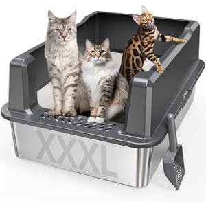 Extra Large XXL Stainless Steel Cat Litter Box with Lid, 26" L x 18" W x 12" H Metal Litter Box with Hight Sides for Big Cats & Multiple Cats, Never Absorbs Odors, Anti-Urine Leakage, Easy Cleaning