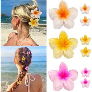 9 Pcs Hawaiian Flower Hair Clips for Women Girls, Plumeria Claw Clips for Thick/Thin Hair, Strong Hold Summer Beach Cute Hair Accessories Tropical Decorative, Large & Small (3Set)