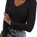 REORIA Womens Long Sleeve Shirts 2025 Fall Trendy Deep V Neck Slim Fit Basic Tops Casual Going Out Top Tee Blouse Size L