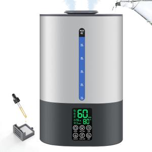 6L Humidifiers for Bedroom Large Room Home, Cool and Warm Humidifier for Baby and Plants Mist Top Fill Desk Humidifiers Essential Oil Diffuser, Quiet with Adjustable Mist,360Nozzle-Grey