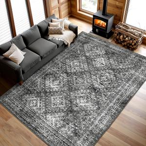 MIULEE 8x10 Vintage Washable Area Rugs Living Room Rug Low Pile Boho Farmhouse Floor Mat for Bedroom Dining Room Under Kitchen Table, Non-Slip Stain Resistant Soft Large Carpet for Home Decor, Black