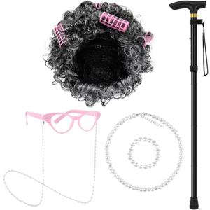 Old Lady Costume for Girls,100 Days of School Old Lady Wig Set Include Wig,Glasses,Necklace,Glasses Chain and Cane