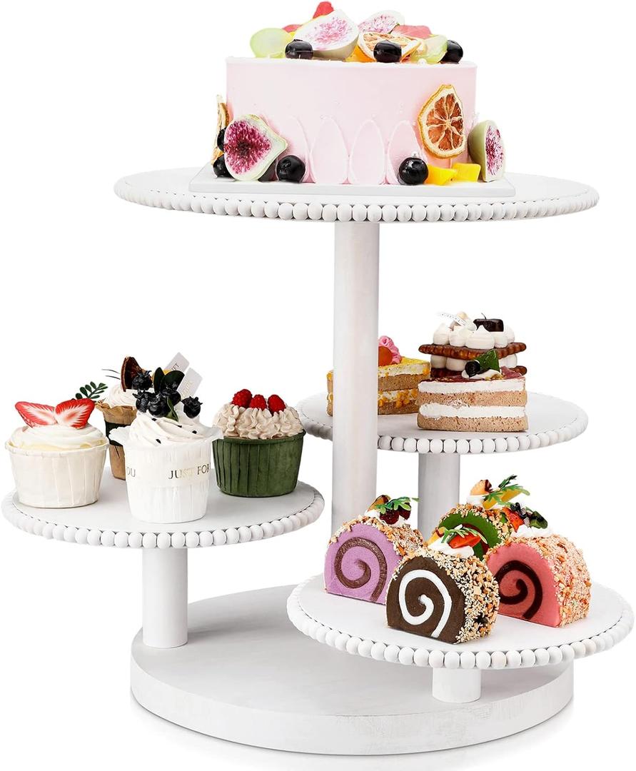 Skylety 4 Tier Round Cupcake Tower Stand Beaded Wood Cake Stand with Tiered Tray for 50 Cupcakes Cake Display Dessert Tiered Serving Tray for Birthday Graduation Wedding(White)