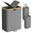 SONGMICS Laundry Hamper with Lids, Laundry Basket with 2 Compartments, 39 Gal. (150 L), Removable Liner Bag, for Laundry Room, Bedroom, Living Room, Slate Gray and Light Bamboo ULCB523G01
