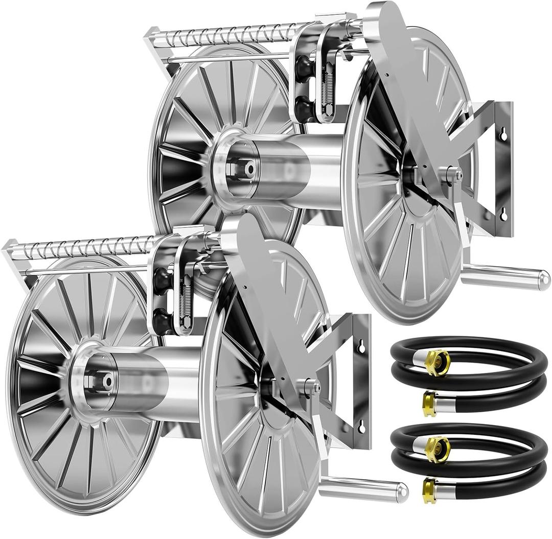 1-Pack Stainless Steel Garden Hose Reel, Wall Mount Water Hose Holder, 150 Feet of 1/2 Inch Hoses Capacity, Hose Reels for Outside with 5 ft Inlet Hose and Crank