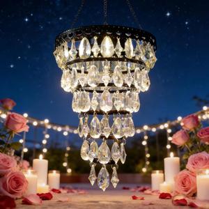 Solar Hanging Crystal Chandelier Outdoor Garden Decorative Lights a Bright Warm LED and 5ft LED Strip Waterproof Hanging Lantern for Valentine Gifts Garden Gazebo, Party, Wedding 6 Tier