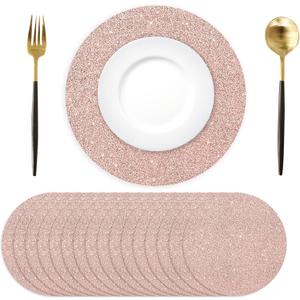 100PCS Rose Gold Paper Placemats Disposable 13.4 Inch Round Glitter Paper Place Mats Rose Golden Decorative Shiny Table Mats for Birthday Wedding Mother's Day Party Sparkle Table Decor