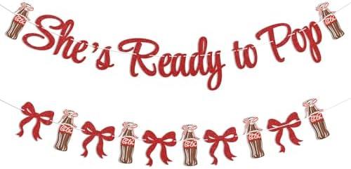 She's Ready to Pop Banner - Retro Soda Fountain Baby Shower Decor, Red Coquette Soda Theme Gender Reveal Party Decorations Red Glitter
