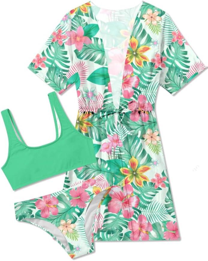 AIDEAONE 5-16T Girls Bathing Suit 3 Piece Swimsuit Drawstring Quick Dry Tankini with Cover Ups (9-10 Years, Light Green Flower)