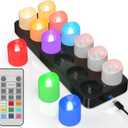 PChero Rechargeable Flameless Candles with Remote Timer & Charging Base, 12 Pack 9 Color Changing Tea Lights Battery Operated, LED Votive Candles for Halloween Pumpkin Christmas Party Home Decor
