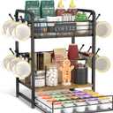 EsLuker.ly Coffee Bar Organizer Station Shelf Mug Holder, 3 Tier Coffee Cup Stand Rack for Countertop with 12 Hooks, K Cup Pod Organizer Drawer for Home Office, Keeps Essentials Tidy & Accessible (Wood Brown+Black)