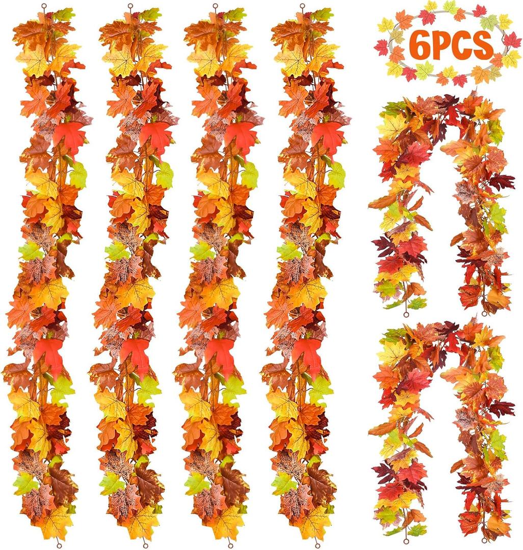 6 Pack Fall Decor for Home Fall Leaves Garland Thanksgiving Decorations Indoor Outdoor 5.8Ft/Piece Artificial Maple Leaf Garland for Autumn Harvest Halloween Party Thanksgiving Decor (Multicolor)