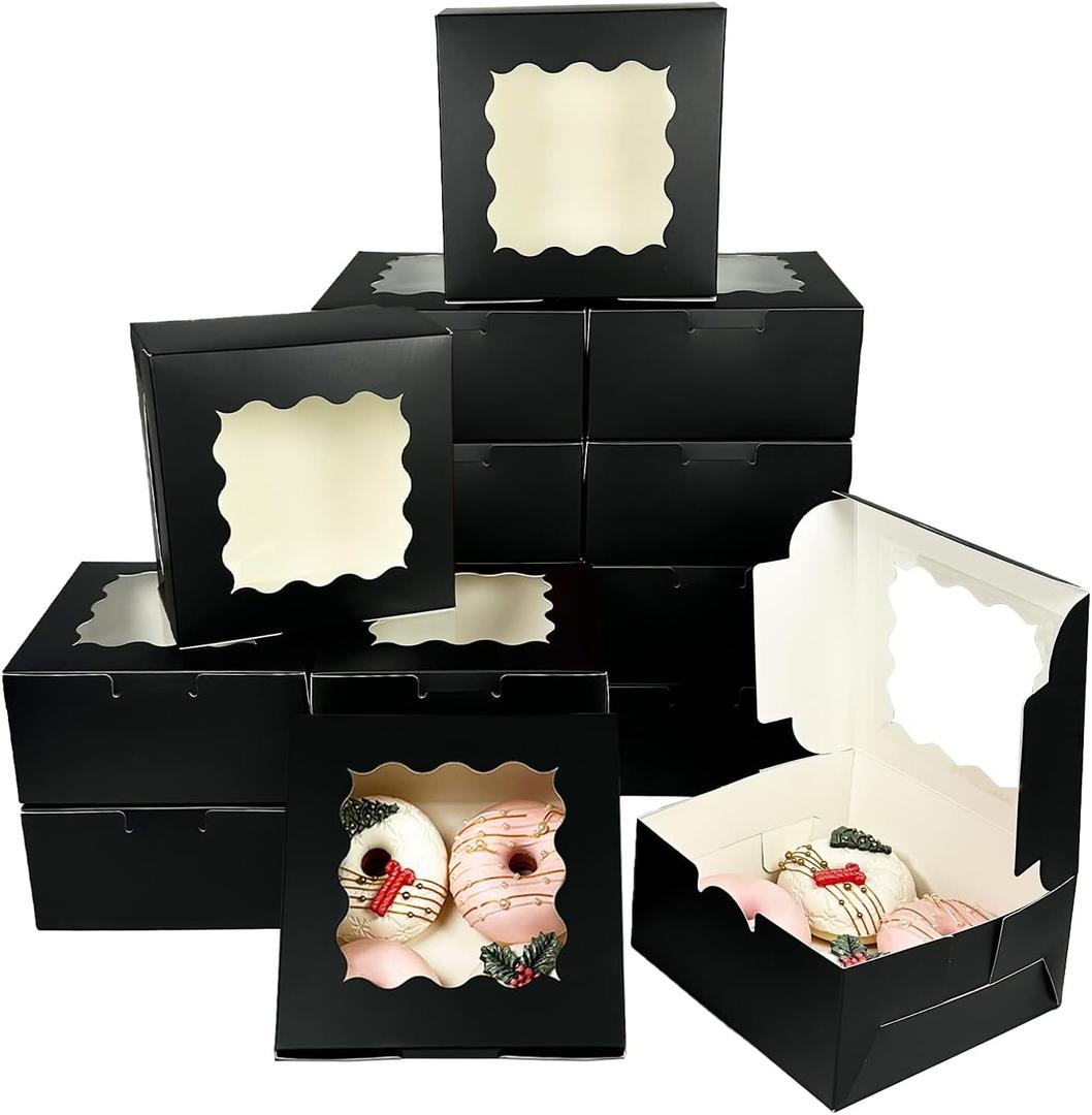 Bakepacker 60pcs Black Cookie Boxes 6x6x3 inches Easy Assemble Macaroon Pastry Boxes Bakery Boxes with Window for Bakery