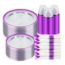 BESTSTAR 350PCS Clear and Purple Disposable Plates Set for 50 Guests, 100 Plastic Plates, 50 Plastic Cups, 50 Pre-Rolled Napkins with Cutlery for Party, Birthday, Wedding, Thanksgiving, Christmas