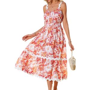 GRACE KARIN Womens 2025 Summer Floral Dress Casual Spaghetti Strap Flowy Outfit RIC Rac Trim Sundress Beach Midi Clothes (XX-Large)
