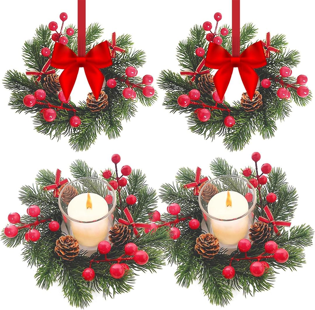 4PCS 8" Small Christmas Candle Rings Mini Wreaths for Cabinets with Red Berries Pinecones Pine Needles Xmas Decor for Pillars Front Door Window Christmas Table Centerpieces (No Red Ribbon)