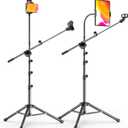 Microphone Stand with IPAD Clip, Floor Foldable Mic Stand with Phone Clip,Heavy Duty Tripod Boom Arm with 2 Mic Clips and Carrying Bag for Singing Karaoke Stage