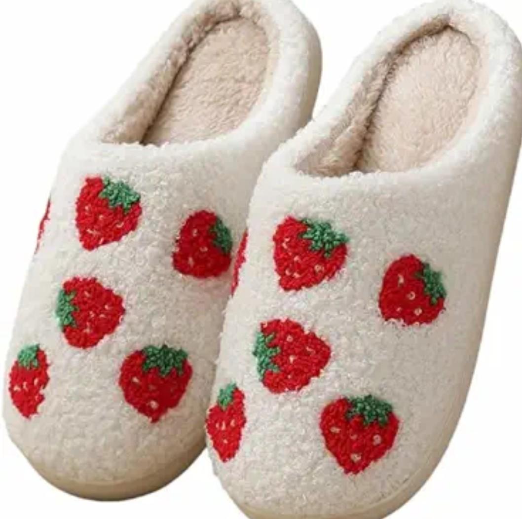 Women Men Plush Strawberry Slippers Cute Fuzzy Slippers Non-Skid Winter Warm Cozy House Indoor Outdoor Shoes Size 38-39 Pack of 2