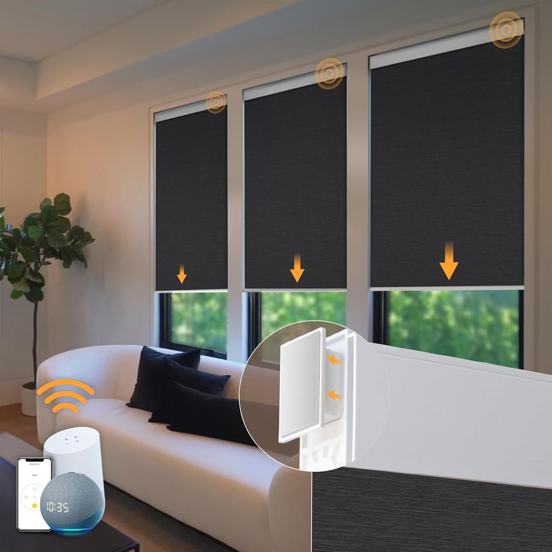 Motorized Blinds No Drill Automatic Blinds for Windows Cordless Roller Shades Electric Blinds with Remote Control Smart Blinds (Black, 34.5 x 72)