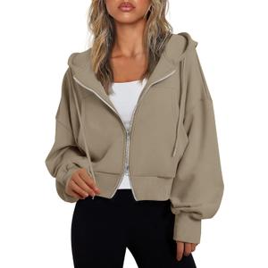 Fisoew Women's Crop Zip Up Hoodies Casual Long Sleeve Hooded Cropped Sweatshirts with Pockets Medium