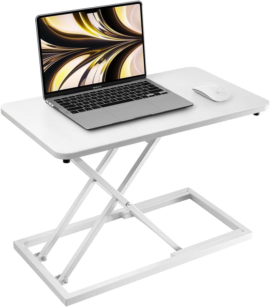 White standing desk converter Stand up office desk riser on the desktop is suitable for use in laptops and single monitor work consoles, home offices, and can be adjusted in height (White wood)