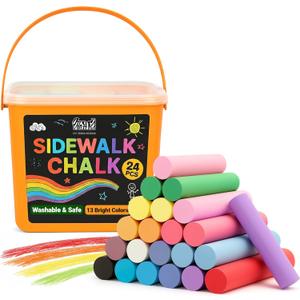 24 PCS Sidewalk Chalk for Kids - 13 Colors Bucket - Non-Toxic Washable Jumbo Chalks - Bulk Colored Set for Kids & Toddlers Outdoor Play, Chalkboard Art - Easy Carry & Mess-Free Storage