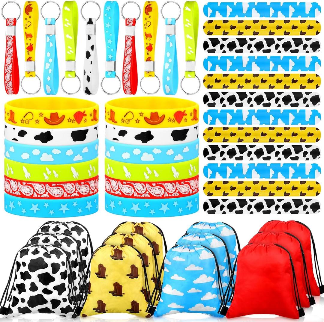 Ecally 60 Pcs Cartoon Party Favors Include 12 Cartoon Themed Silicone Stretch Wristbands 12 Silicone Key Chains 12 Drawstring Bags 24 Slap Bracelets for Birthday Party Decor