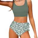 Girls Tankini Swimsuits Tropical Print Bathing Suit Two Piece Girls' Swimwear with Tie Side Knot (13-14 Years, Green)