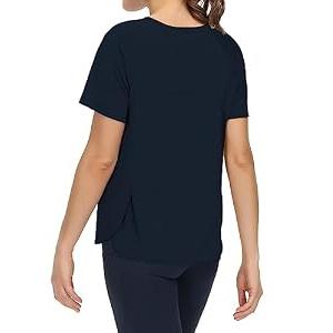 THE GYM PEOPLE Women's Short Sleeve Workout Shirts Breathable Yoga T-Shirts with Side Slits Athletic Tee Tops Dark Blue, Size Large