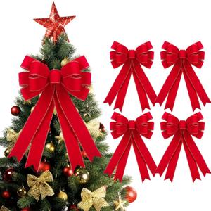 4 Pcs Red Christmas Bows Outdoor Decorations - 16”x24” Large Velvet Wreath Bow with Glitter String Gold Edge for Xmas Tree Topper Home Front Door Decor