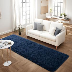 Soft Navy Blue Runner Rugs for Bedroom, 2x6 ft Bedside Rug Plush Fluffy Carpets, Shag Furry Modern Area Rug Carpet for Living Room Girls Kids Room Nursery Home Decor, Navy Blue