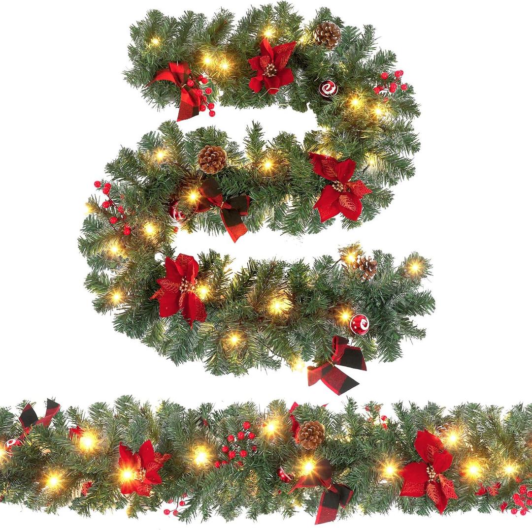 Ceenna 2 Pcs 6 ft Christmas Garland with Lights Christmas Prelit Artificial Garland with Pine Berries Decor Christmas Fireplace Decorations for Mantle Banister Indoor Outdoor(Flower)