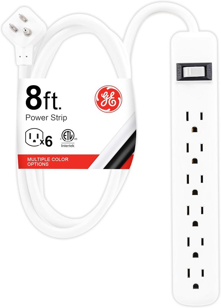GE 6-Outlet Power Strip, 8 Ft Extension Cord, Heavy Duty Plug, Grounded, Integrated Circuit Breaker, 3-Prong, Wall Mount, UL Listed, White, 67122