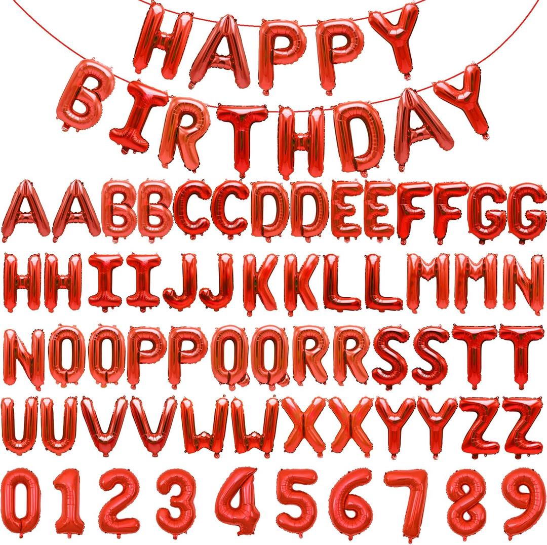 75pcs 16" Happy Birthday Balloon Banner, Red Balloons Letters, Personalized Mylar Foil Birthday Decorations includes 2 Sets A- Z, 1 set Number 0-9 "HAPPY BIRTHDAY" letters
