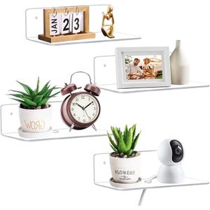 9 Inch Acrylic Floating Shelf, No Drill Adhesive Wall Shelf Set of 4 for Storage, Floating Shelves Damage-Free Expand Wall Space for Living Room, Office, Gaming Room, Bathroom (Clear)