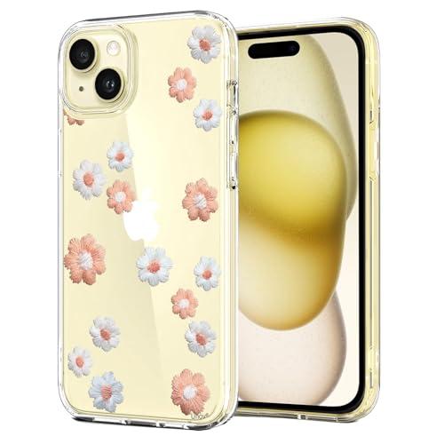 Unov for iPhone 15 Case, Clear with Design, Slim Fit Good Grip, Embossed Phone Case, Shockproof Protective Cover, Raised Camera Protection, Soft TPU, Daisy Blooms