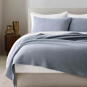 EVERGRACEHOME Cotton Coverlet Set King Size 3 Pieces, Lightweight Soft Ribbed Matelass Bedspread Quilt Set, Cozy Oversized Quilted Bedding Set with 2 Pillow Shams for All Seasons, Blue Linen