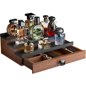 Cologne Organizer for Men: with Drawer, 3 Tier Wooden Cologne Stand Desktop Perfume Display Shelf, Bedroom Dresser Makeup Lotion Jewelry Storage Organizer