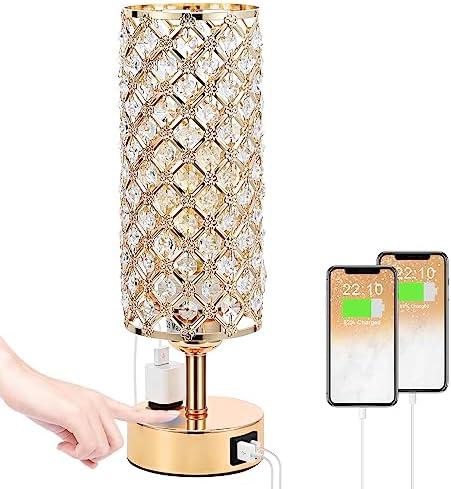 Hong-in Crystal Table Lamp, Gold Lamp for Bedroom with USBC-A+ AC Charging Ports, 3 Way Dimmable Light with Crystal Lampshade, Bedside Lamp Touch Light for Girl Room, Charge Phone (Bulb Included)