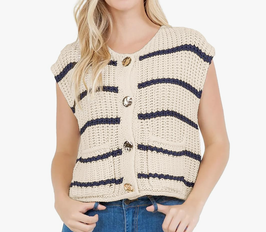 Hixiaohe Womens Sweater Vest Striped Crochet Knit Vest Tops Sleeveless Sweaters Trendy Button Down Tank Tops with Pockets, L